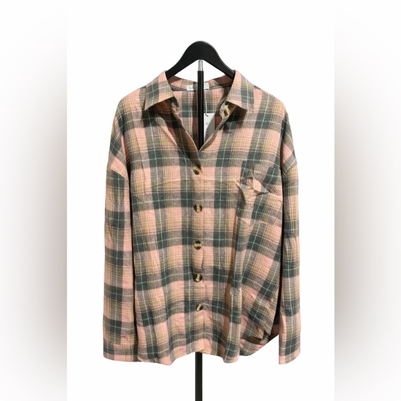 moshu Tops - Plaid Button-Up Shirt in Pink and Green